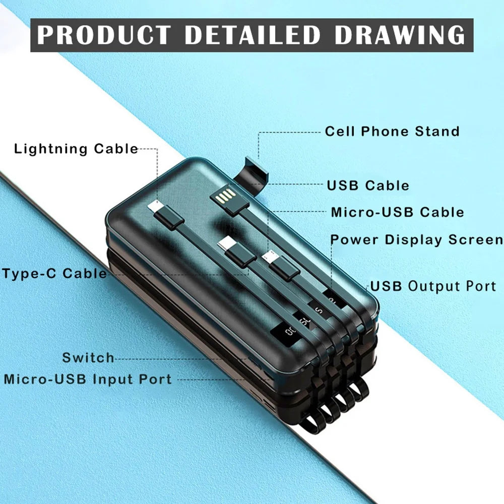 20000Mah Power Bank Portable Charger with Cables, USB Fast Charging for Phone